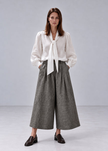 White Tie-Neck Linen Blouse