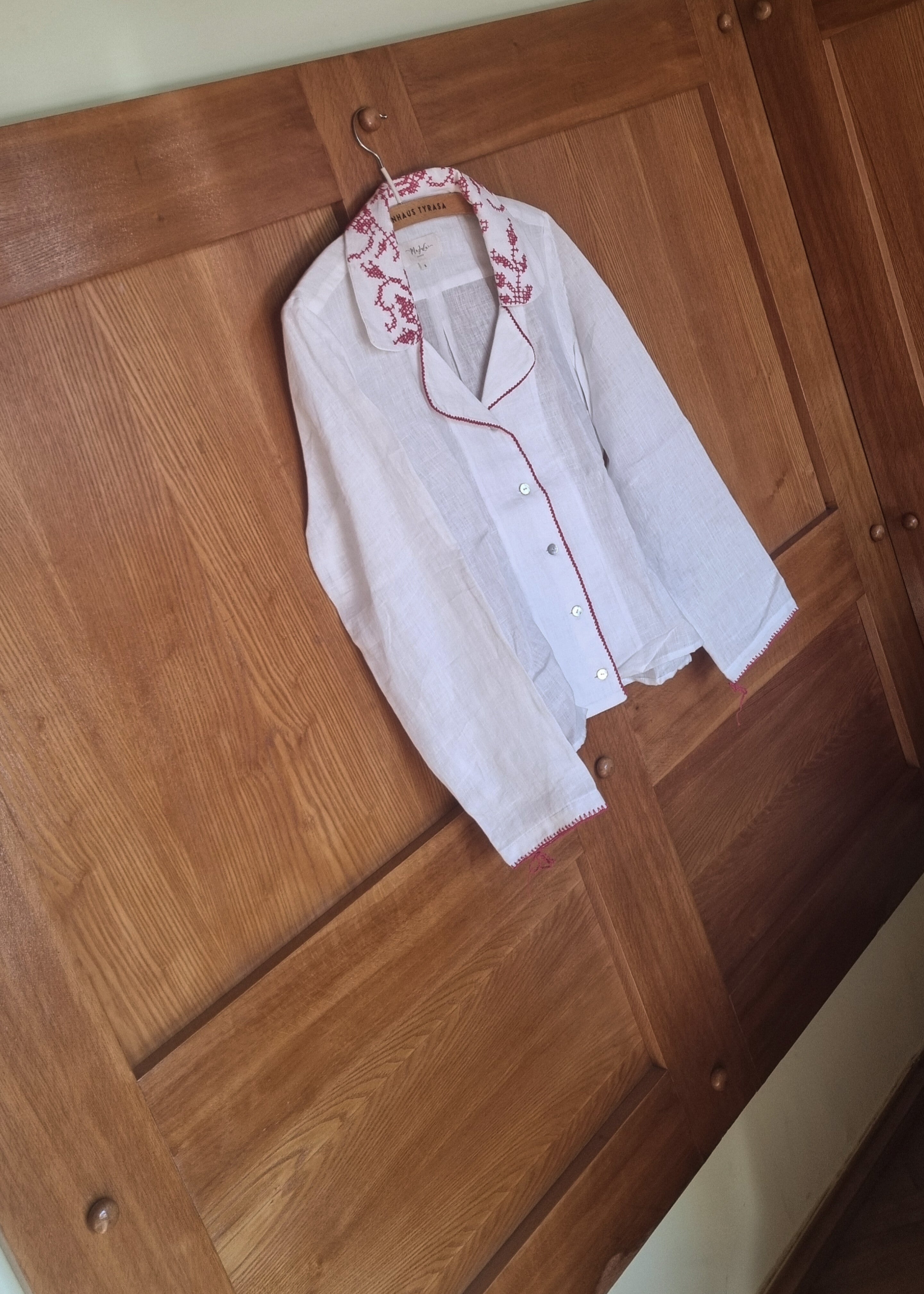 White Linen Shirt with Vintage Embroidered Collar