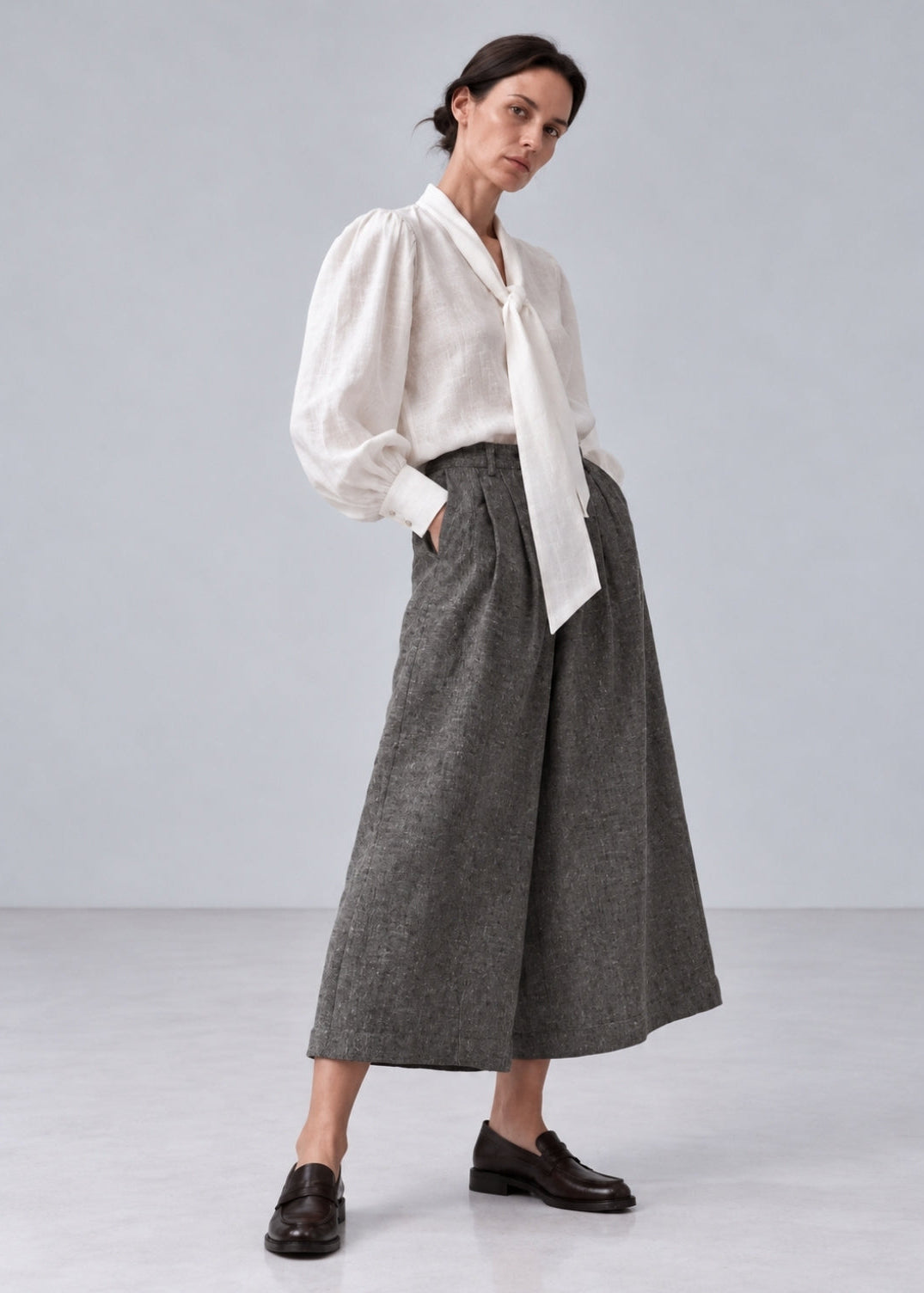 White Tie-Neck Linen Blouse