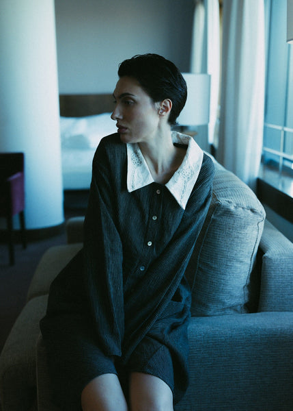 black linen striped dress with the lace collar