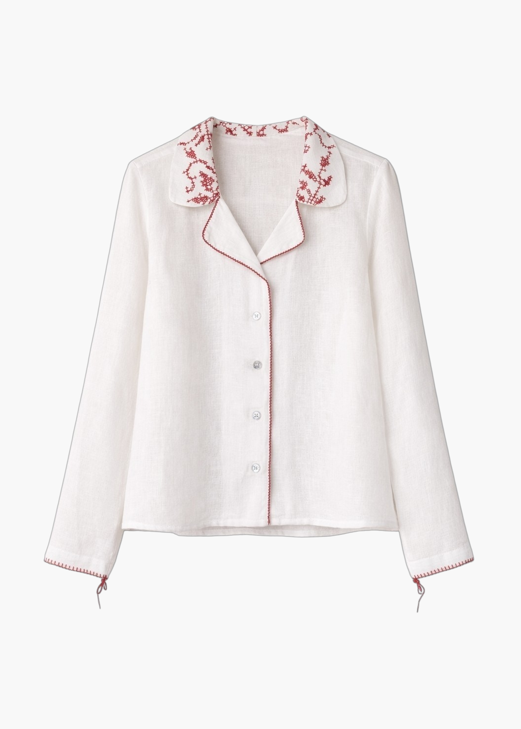 White Linen Shirt with Vintage Embroidered Collar
