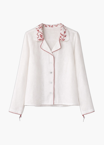 White Linen Shirt with Vintage Embroidered Collar