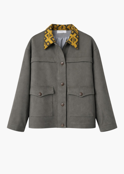 Wool Field Jacket with Patterned Collar